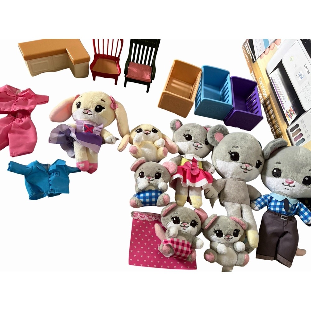 Tiny Tukkins Plush Mouse Family Lot Dollhouse Furniture Clothes Accessories